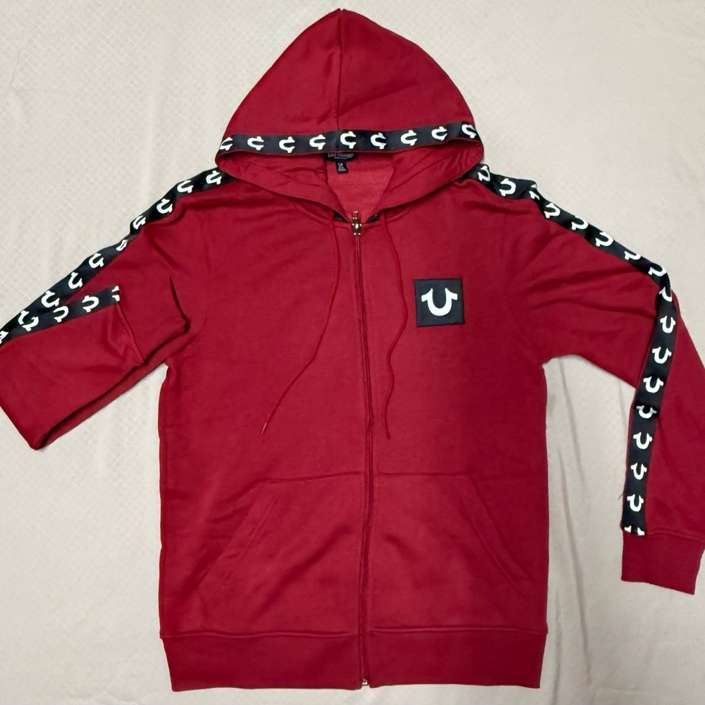 True Religion Red Zip-Up Hoodie with Logo Trim